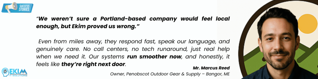 Client testimonial from Bangor highlighting Ekim IT Solutions for their fast reliable IT services, local feel, and responsive support without tech runaround.