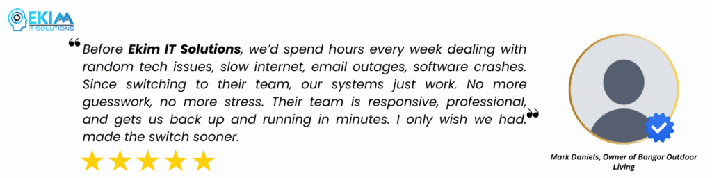 Client testimonial praising Ekim IT Solutions for delivering fast reliable IT services with responsive, professional support.