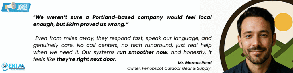 Client testimonial highlighting Ekim IT Solutions for their fast reliable IT services, local feel, and responsive support without tech runaround.