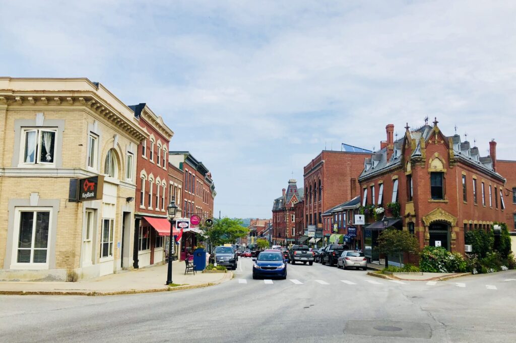Historic downtown Belfast, Maine with brick buildings and local businesses—symbolizing the blend of tradition and modern managed IT infrastructure in small coastal communities.