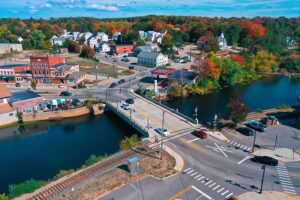 Aerial view of downtown Berwick, Maine—local businesses and homes increasingly supported by managed IT solutions