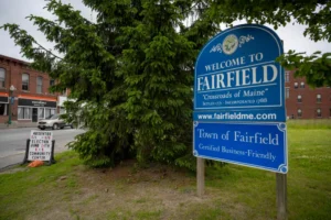Welcome sign at the entrance to Fairfield, Maine, representing a town that blends community pride with dependable managed IT solutions for local businesses and public services.