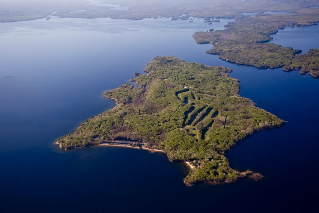 Aerial view of Frye Island, Maine—ideal setting for seasonal homes and businesses supported by managed IT solutions.