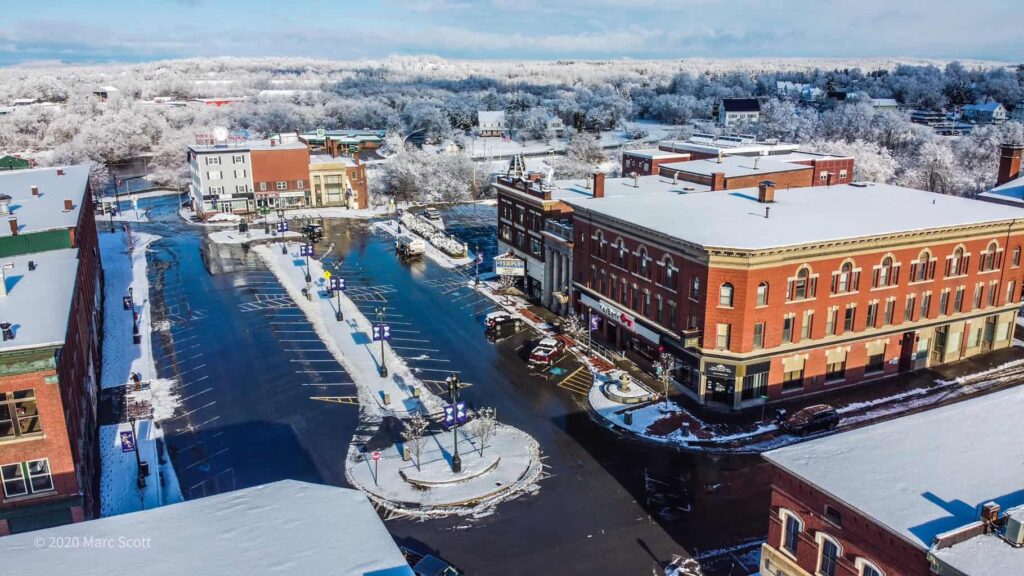 Aerial winter view of downtown Houlton, Maine—home to small businesses supported by trusted managed IT services.