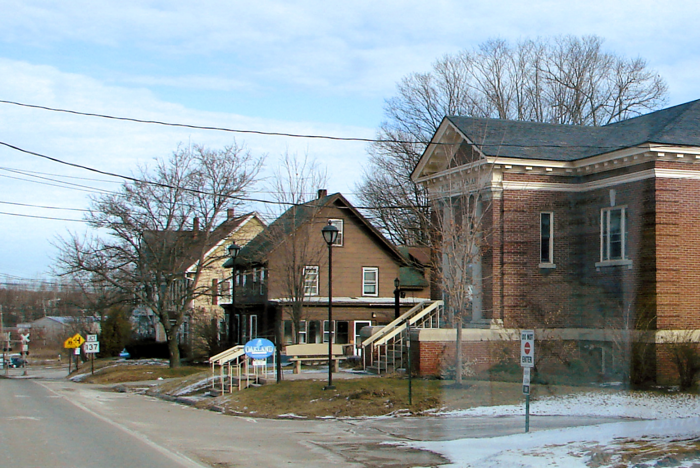 Street view of downtown Oakland, Maine, showing local buildings supported by modern managed IT solutions for small businesses and public services.