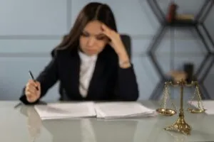 Stressed lawyer at her desk highlighting the need for dependable Legal IT Support to manage workloads and deadlines.