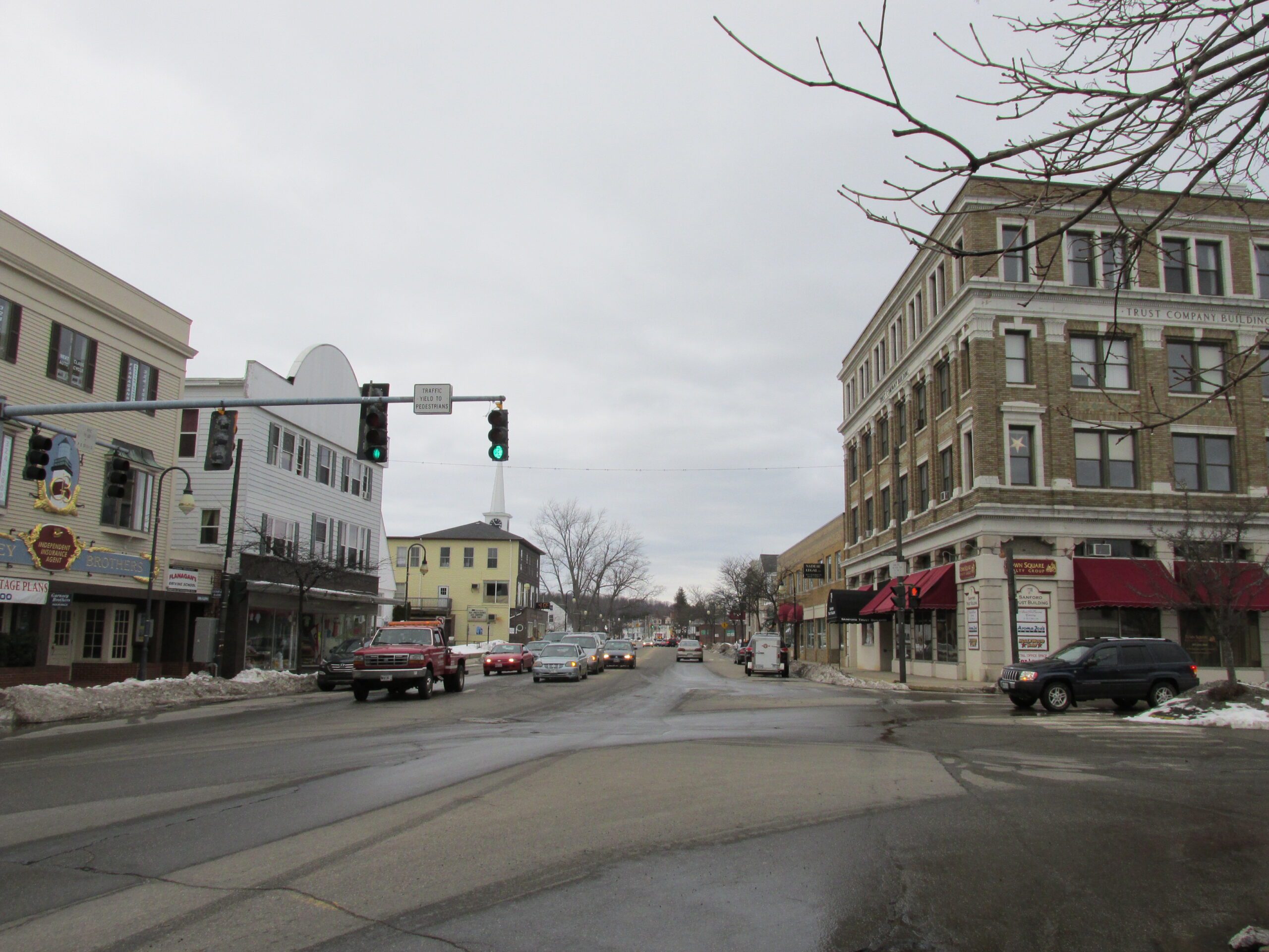 Downtown Sanford, Maine featuring historic buildings and a quiet main street—highlighting the importance of managed IT for local businesses and city infrastructure.