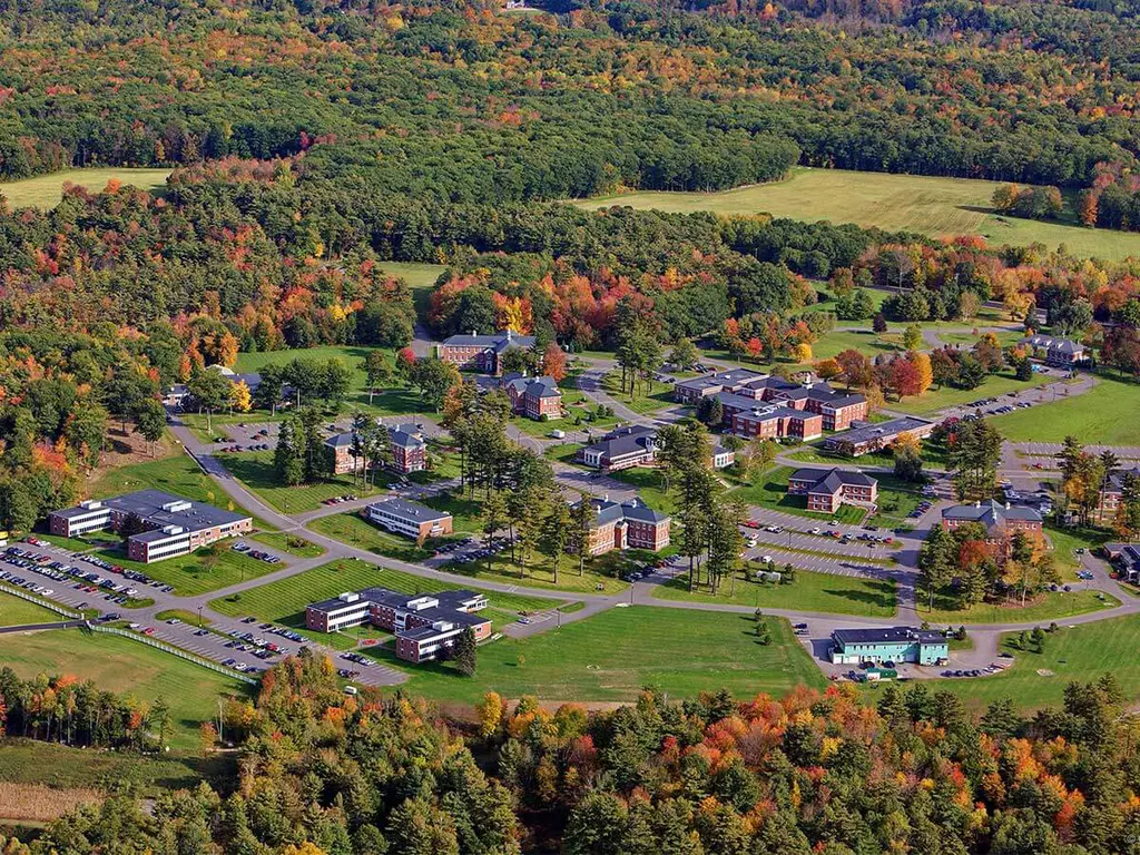 Aerial view of Unity, Maine’s educational and business district, supported by reliable managed IT services for modern infrastructure and connectivity.
