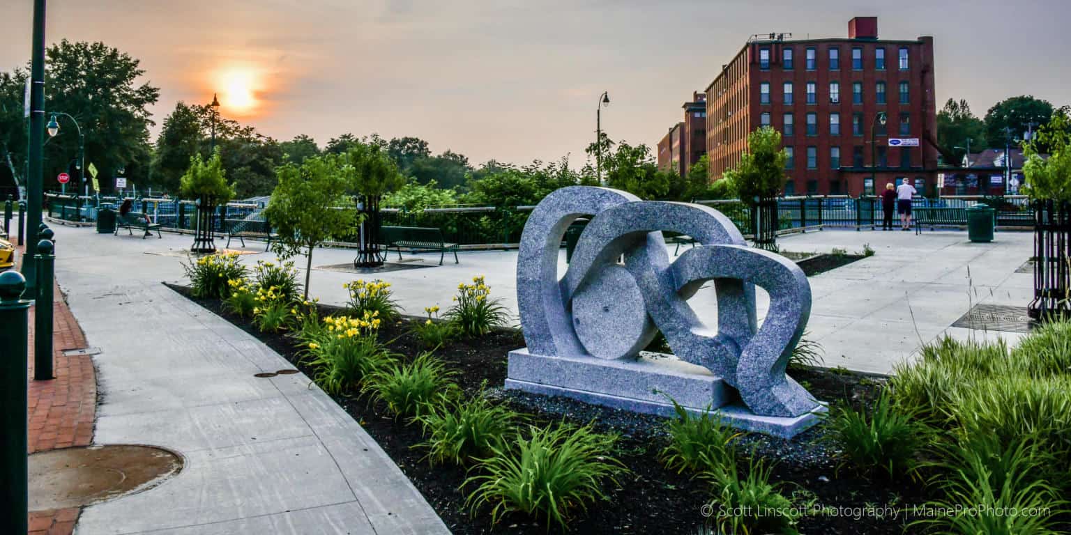 Public art sculpture and landscaped parkway in downtown Westbrook, Maine—an ideal setting for businesses supported by reliable managed IT solutions.