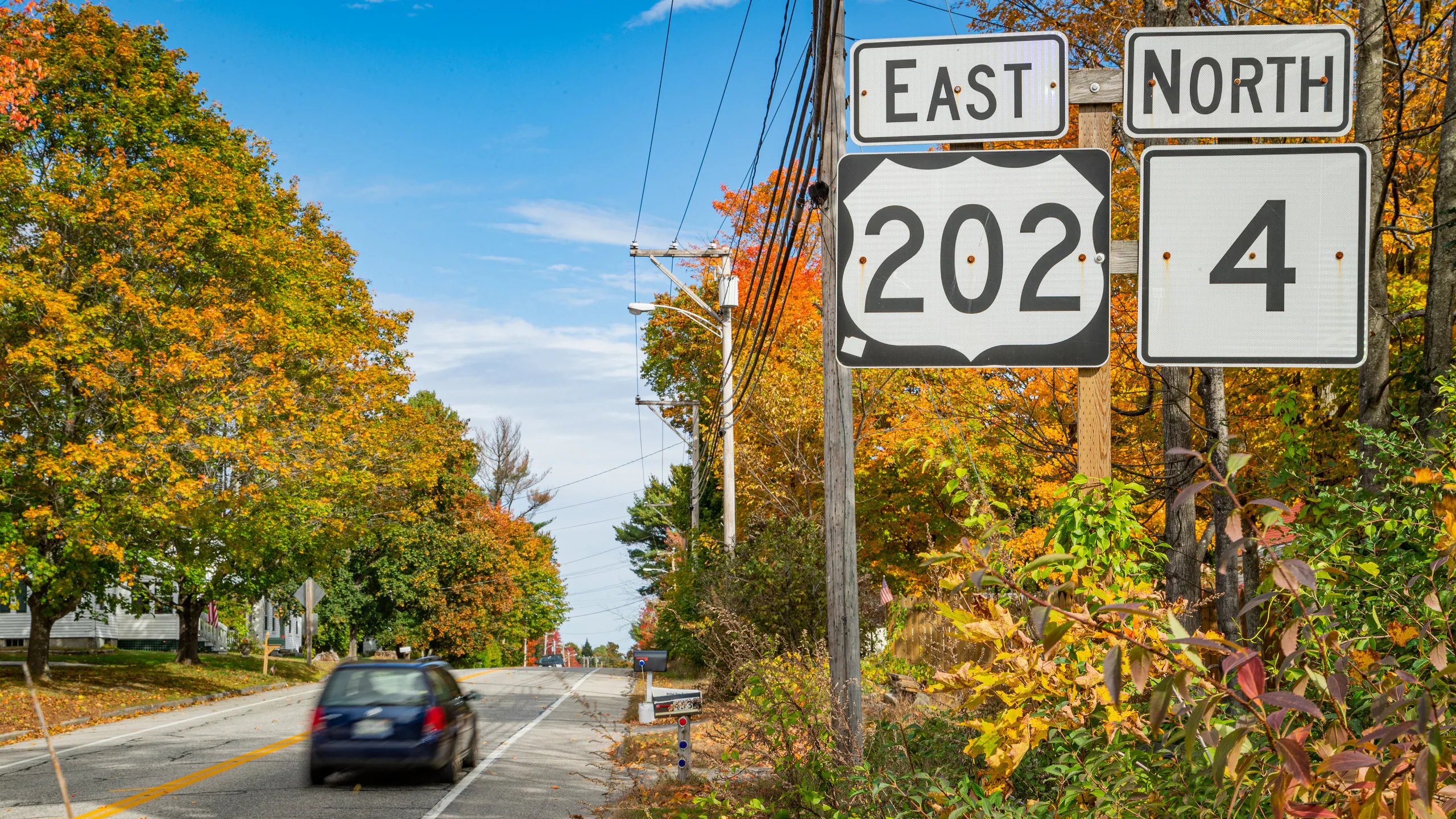 Scenic view of Route 202 and Route 4 in Windham, Maine during fall, highlighting the town's growing reliance on managed IT for secure and connected community infrastructure.