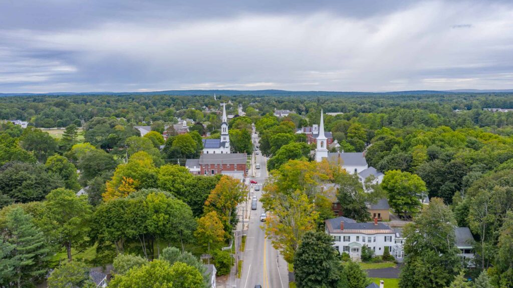 Aerial view of downtown Yarmouth, Maine, where managed IT services help support secure, modern business operations amid a historic setting.